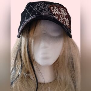 Original Vintage Kbethos Black Di tressed Cap W/Rhinestoned Crimson Cross EUC